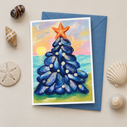 A6 mussel shell tree coastal Christmas greeting card