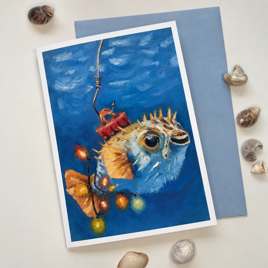 A6 pufferfish coastal Christmas greeting card