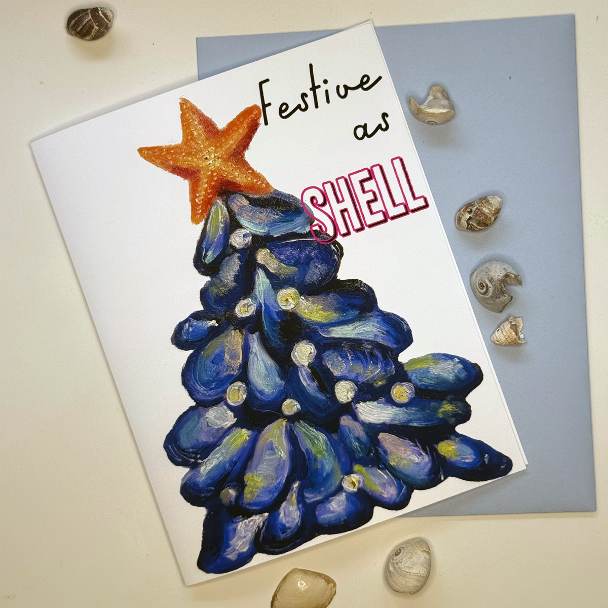 A2 mussel shell tree coastal Christmas greeting card