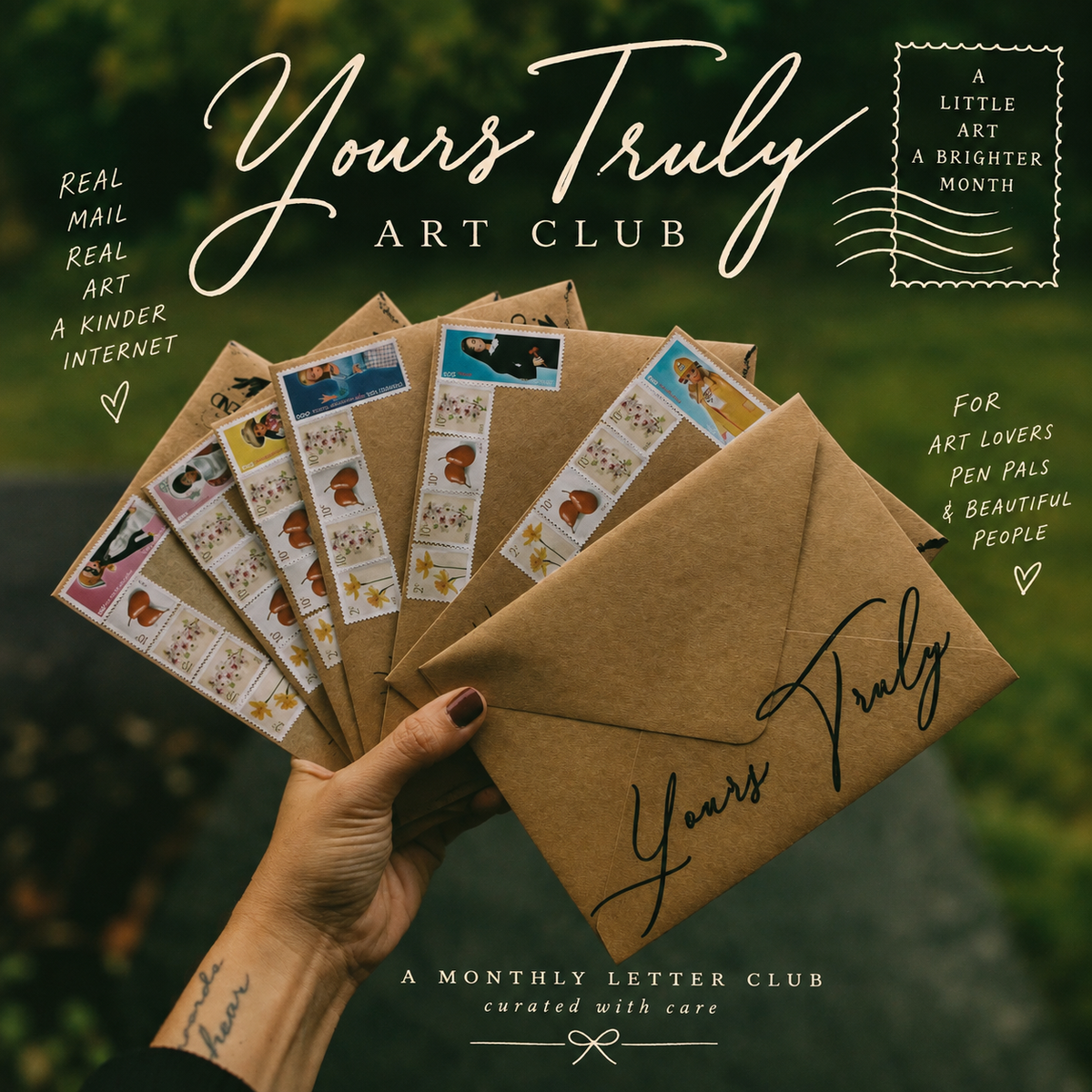 Yours Truly Art Club monthly mail club with stamped kraft envelopes